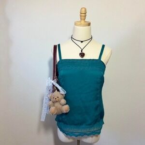 Blue Green Lace Trim Cami Tank Top Size XS Fairy Boho Preppy Festival